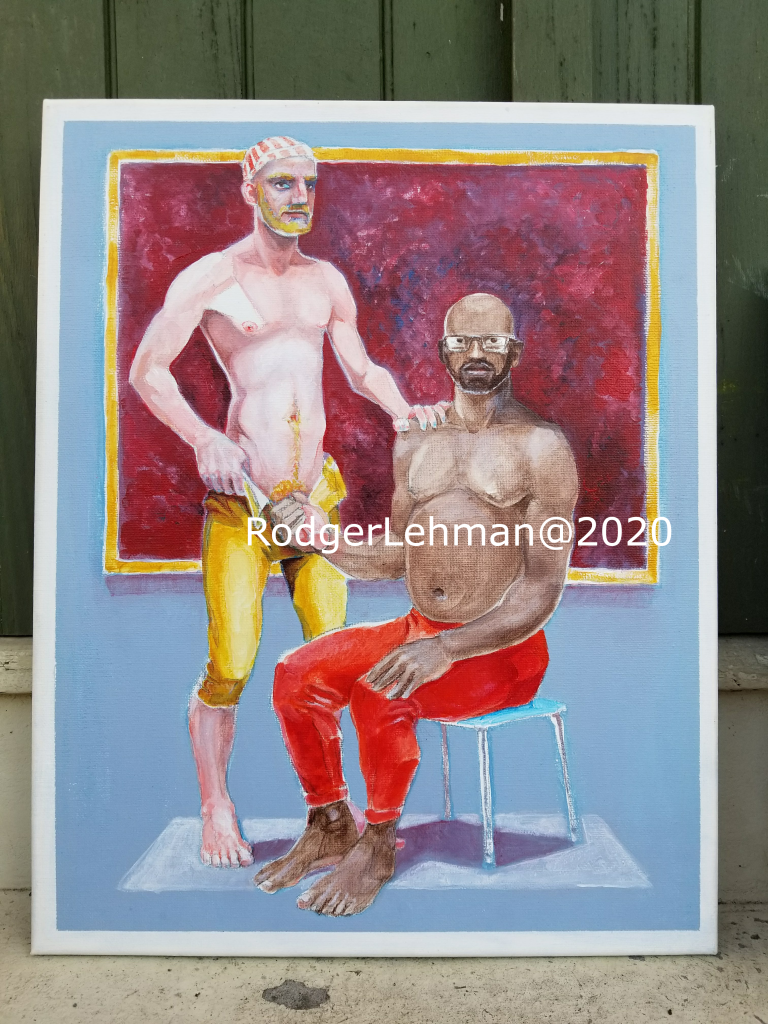 a couple in classic pose, one sitting and one standing.