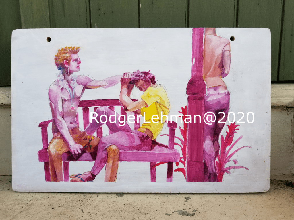 two figures seated on bench on right, one pulling the other's hair while another figure stands to the right watching.